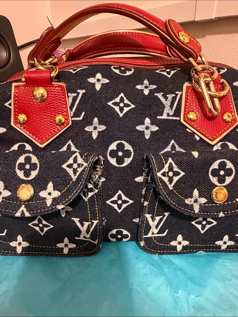 Vintage Louis Vuitton Blue Denim Monogram Satchel with Red Leather Trim - Picture 3 of 5
